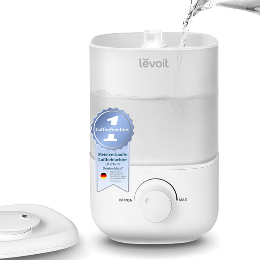 Umidificator Levoit pentru dormitor, umidificator silențios de 23 dB, încărcare superioară pentru bebeluși, până la 25 de ore, umidificator de cameră cu duză rotativă la 360 de grade pentru camera copiilor, plante, oprire automată, 2,5 L, alb - clasic