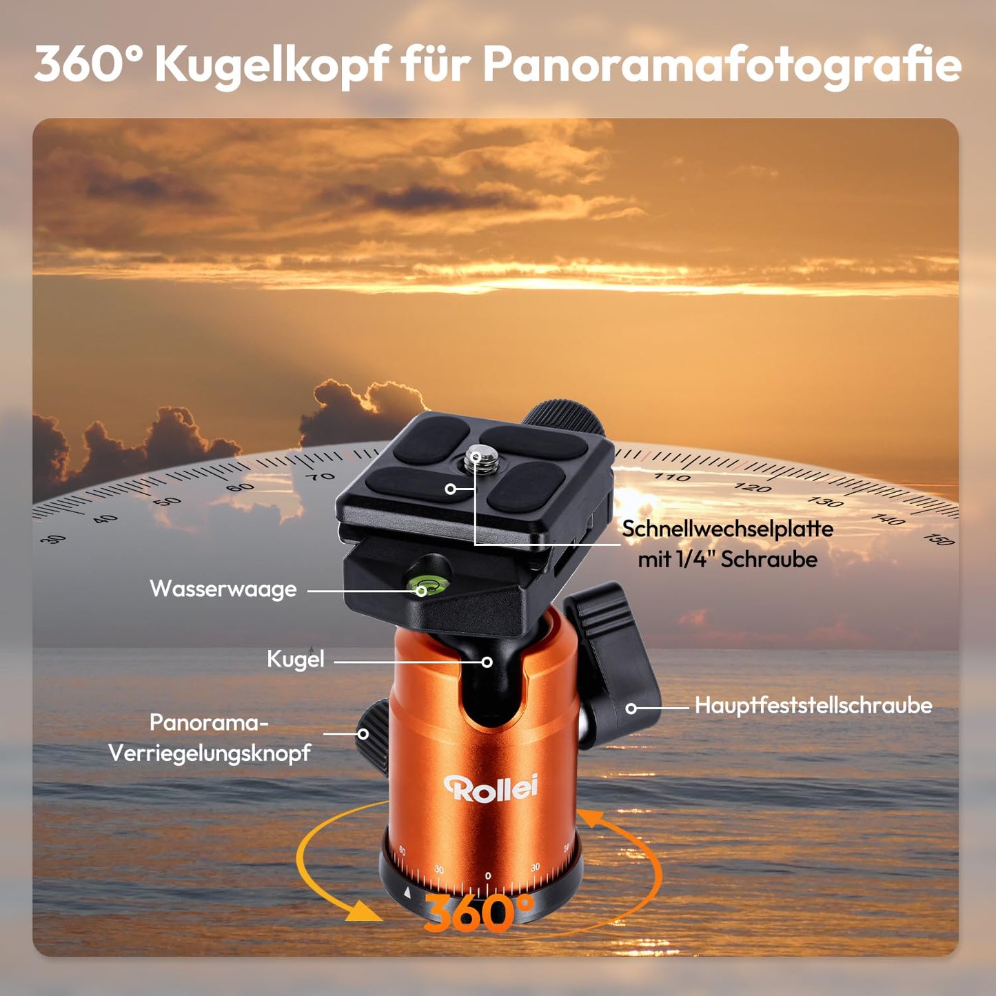 Rollei Compact Traveler No.1 Orange, 145cm Tripod Camera with Ball Head Lightweight Travel Tripod Made of Aluminum Photo Tripod Compact Arca Swiss Compatible Camera Tripod & Monopod for DSLR and Smartphone - 20934