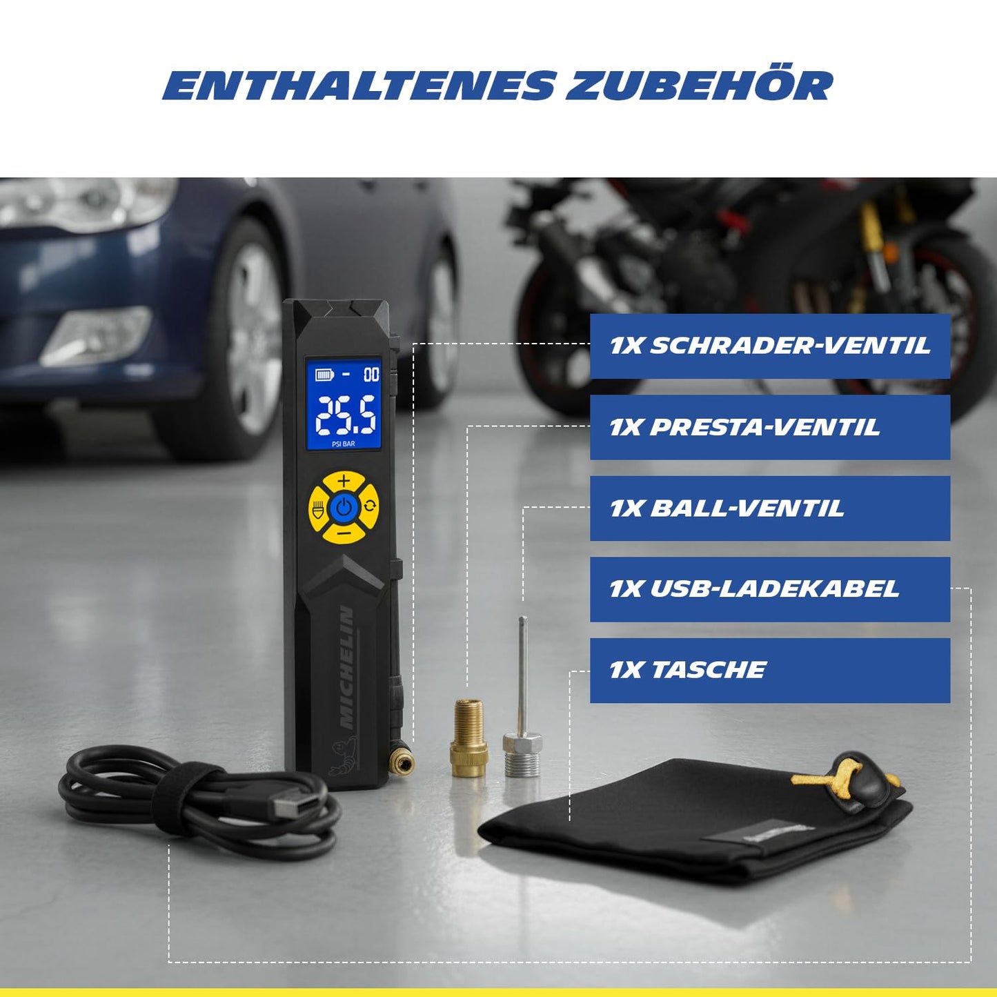 MICHELIN Air Power Mini 1 Li-ion battery mini compressor wireless - electric air pump 9.9 bar with digital display, auto stop & LED for cars, bicycles, e-bikes and motorcycles - 009528
