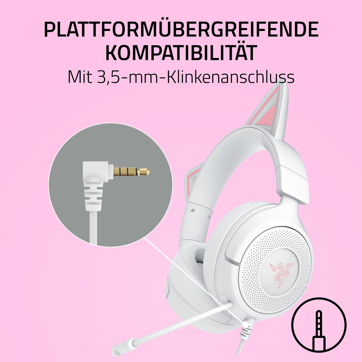 Razer Kraken Kitty V3 X - Cască de gaming cu fir - Urechi iconice de pisică - Greutate de 270g - Microfon HyperClear cardioid - Driveri Triforce de 40mm - Conector jack de 3,5mm | Alb - RZ04-05350300-R3M1