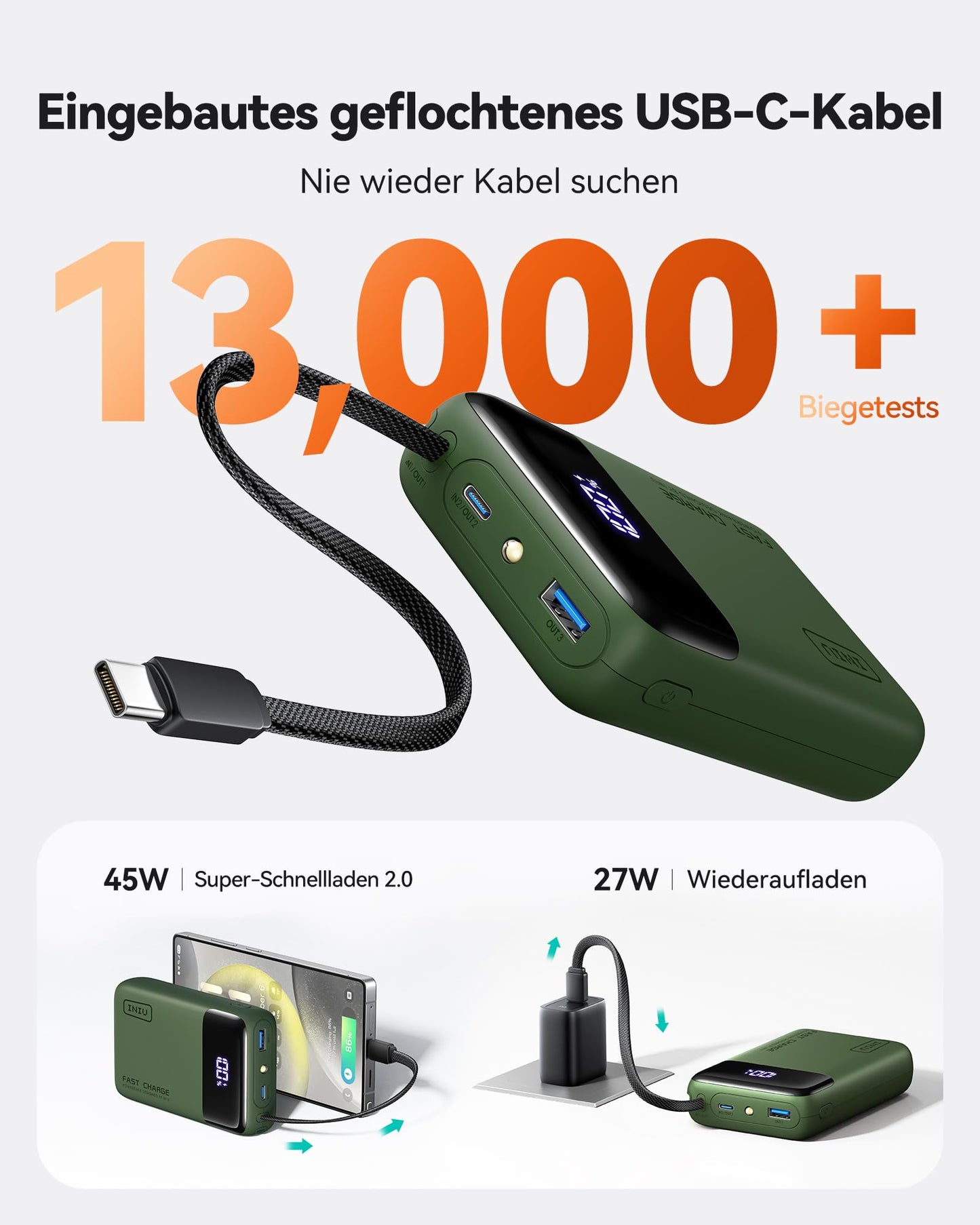 INIU 45W Power Bank, Ultra Small 20000mAh Power Bank with Integrated USB C Cable, Quick Charging External Mobile Phone Batteries for Camping, Hiking, Outdoor Activities, Festival Use, Green - P51L