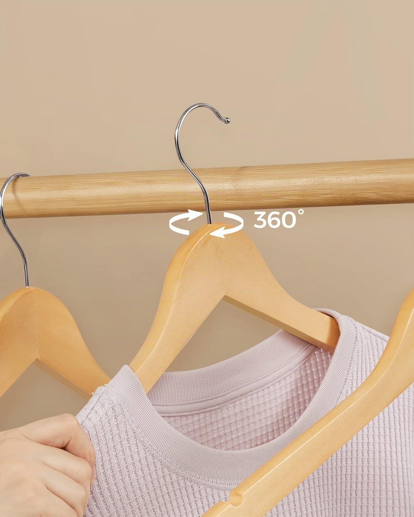 SONGMICS wooden clothes hangers, set of 50, hangers made of solid wood, notches in the shoulder area, non-slip trouser bar, 360° rotating hook, for suits, shirts, natural silver CRW001-50