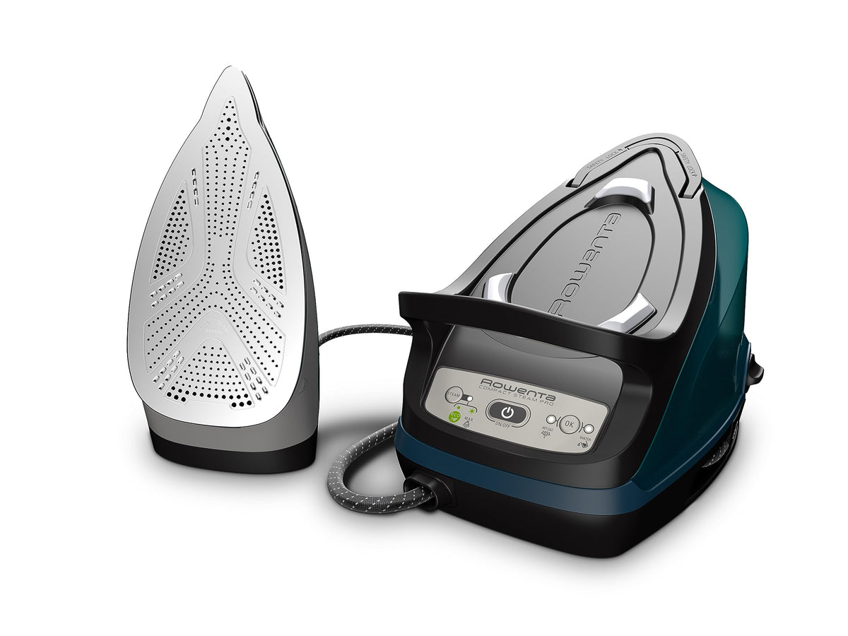Rowenta Compact Steam Pro Steam Ironing Station, 6.2 Bar High Pressure Steam, 310 G/Min Steam Boost, 1.1 L Water Tank, Compact Design, Efficient Limescale Collector, Plastic, X-Large, Blue/Black, DG7621