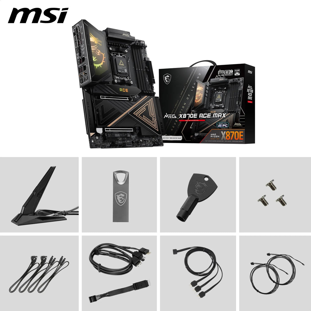 MSI MEG X870E ACE MAX Placă de bază, ATX - Suportă procesoare AMD Ryzen 9000/8000 / 7000, AM5-64MB BIOS ROM, 110A SPS VRM, memorie DDR5 (până la 9000+ MT/s OC), M.2 & PCIe 5.0, USB4, Wi-Fi 7 - 7E85-001R