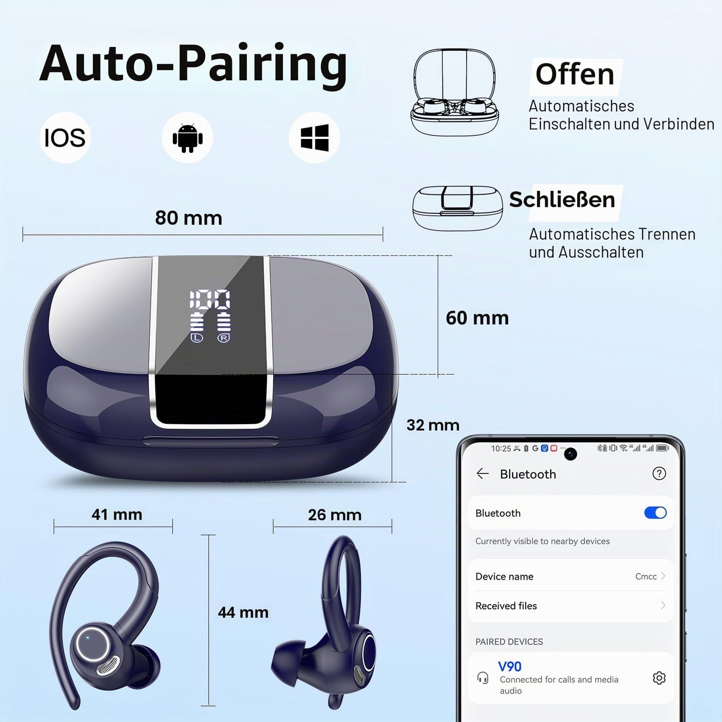 Csasan Bluetooth headphones sports, in-ear headphones, wireless Bluetooth 5.3 with ear hook, Hi-Fi stereo sound, 48 hour earbuds with 4 ENC noise canceling microphones, IPX7 waterproof earphones, blue - V90