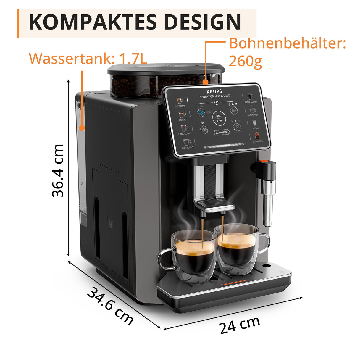 KRUPS Sensation Hot & Cold Coffee Machine, 12 recipes, intuitive operation, complete customization, steam nozzle, cold brew aroma technology, automatic cleaning, dark gray, EA913HE0