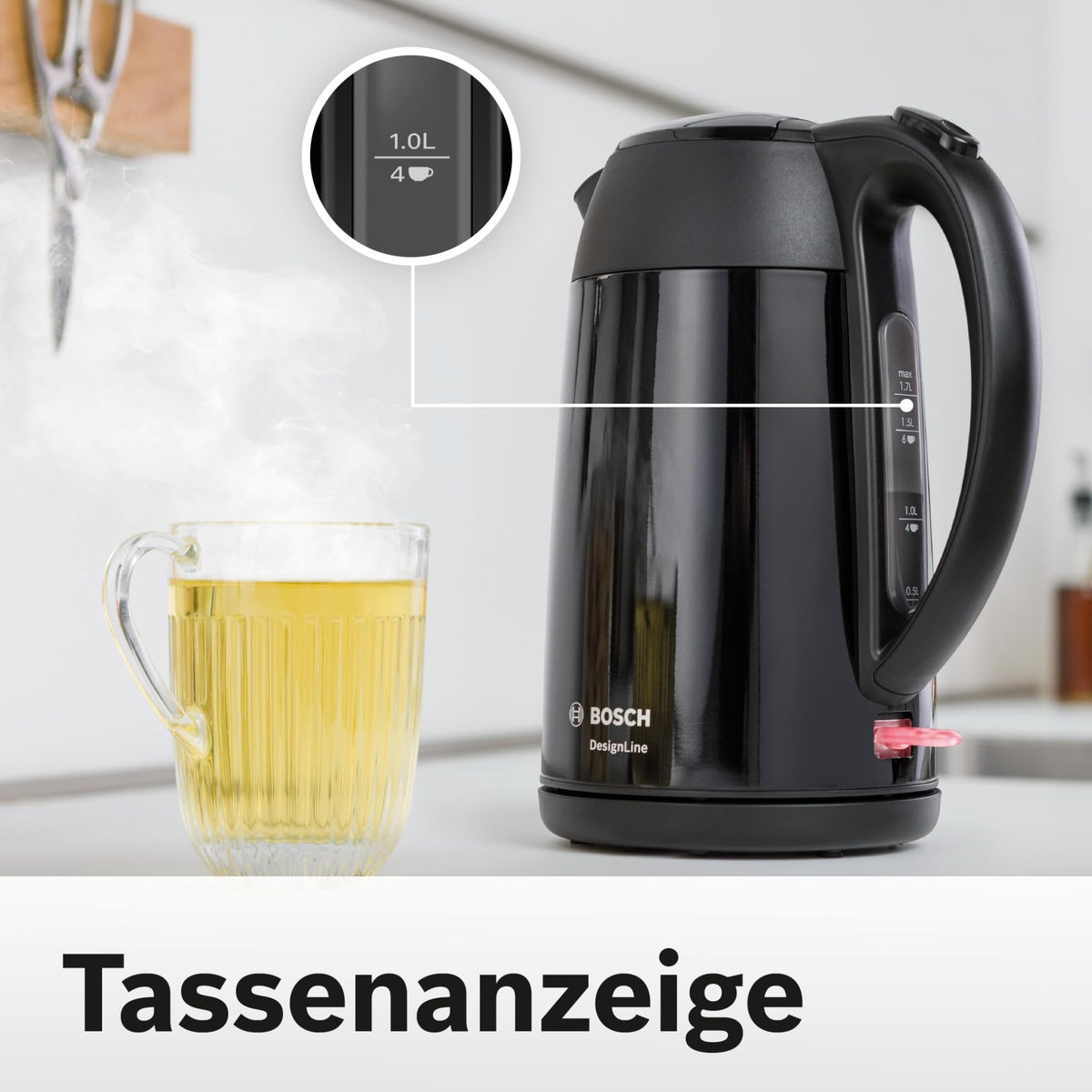 Bosch cordless kettle DesignLine TWK3P423  
 DesignLine cordless kettle, spill-free pouring, cup indicator, water level indicator, overheating protection, 1.7 L, 2400 W, black