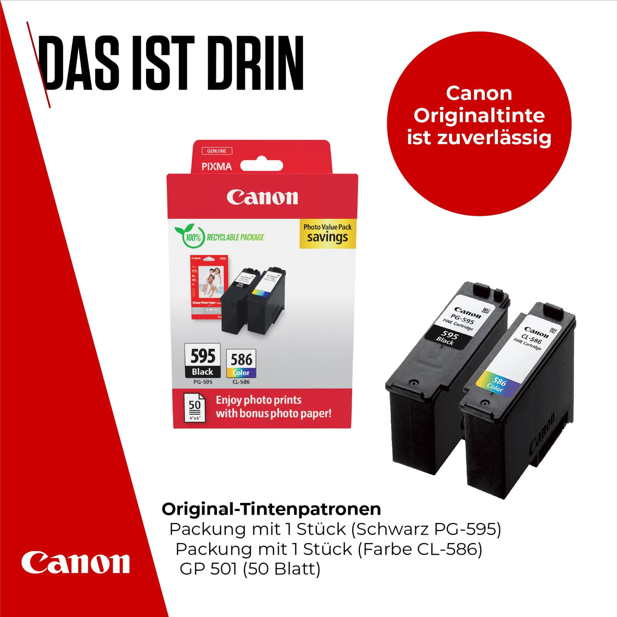 Canon Ink Cartridge – PG-595 / CL-586 Original Printer Cartridge, 2-Pack (1x Black, 1x Color) + 50 Sheets 4x6 Photo Paper GP-501