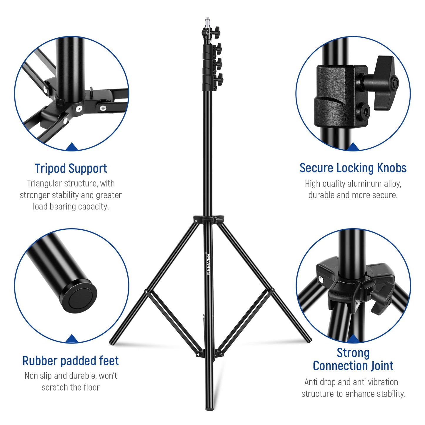 NEEWER 3m light stand, air-cushioned heavy duty metal tripod for ring light photography lamps with 1/4" to 3/8" screw adapter and 3-way interfaces, load capacity: 2.5kg, ST-300AC