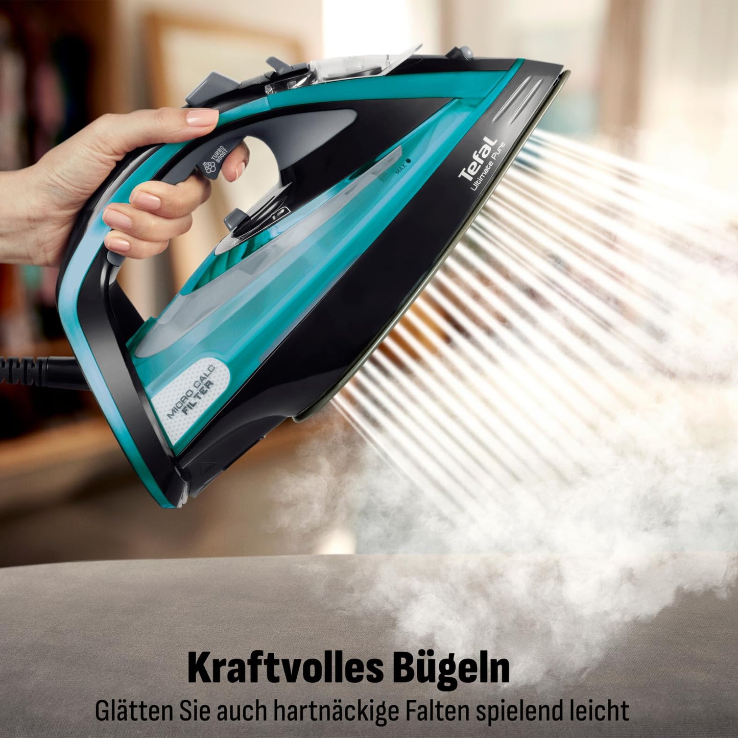 Tefal Ultimate Pure steam iron, 3200 W, 1.2 kg, Micro-Calc filter, Durilium Airglide Autoclean soleplate, automatic switch-off, 0.35 liter water tank, Made in France, black/turquoise, FV9844