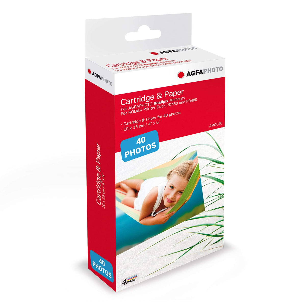 AgfaPhoto Photo – Cartridge and Paper, 40 Photos, Size 10 x 15 cm, AMOC, compatible with AgfaPhoto Photo Realipix Moments and Kodak PD450, PD480, and PD450WIFI 40 White - AMOC40
