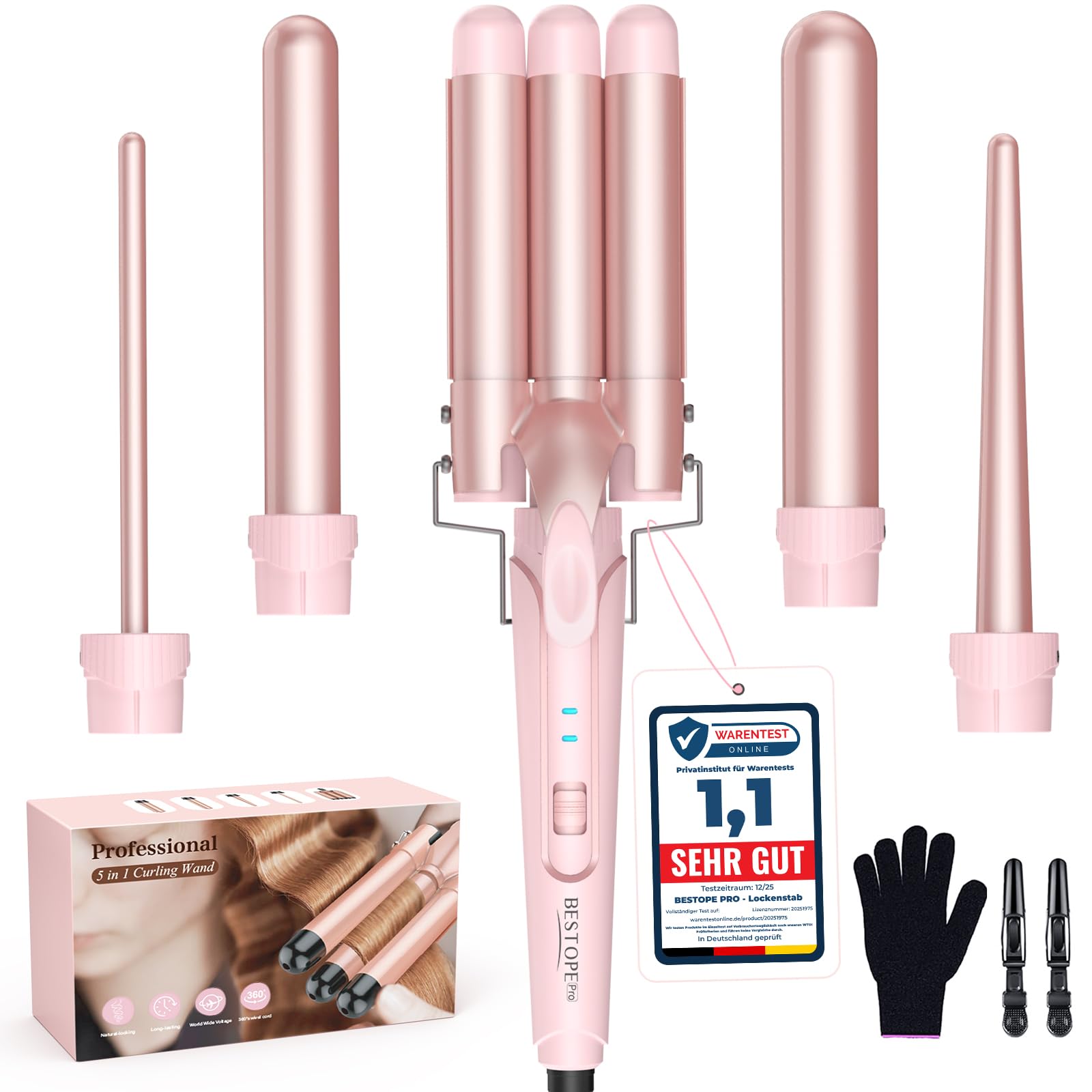 BESTOPE PRO Curling Iron Set 5 in 1 Wave Iron - Curling Irons 3 Barrels for Large No Curls Ceramic Curlers with Various Attachments with Glove and 2 Clips - MD-J18