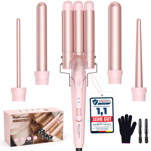 BESTOPE PRO Curling Iron Set 5 in 1 Wave Iron - Curling Irons 3 Barrels for Large No Curls Ceramic Curlers with Various Attachments with Glove and 2 Clips - MD-J18