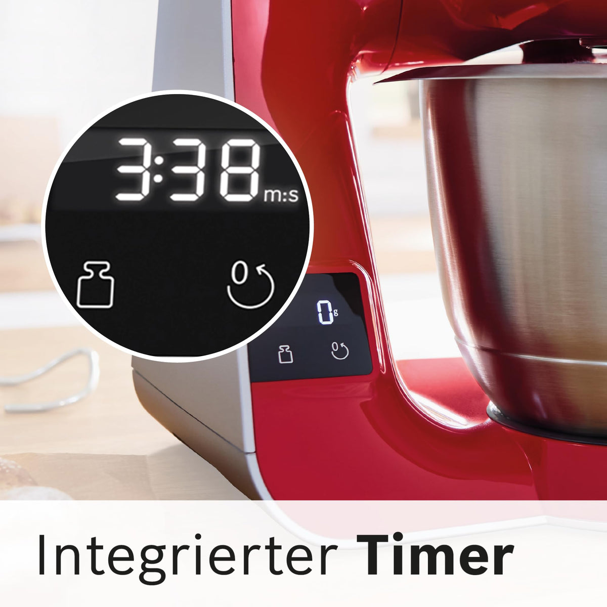 Bosch Kitchen Machine MUM5 MUM5X720, integrated scale, stainless steel bowl 3.9L, blender 1.25L, professional kneading hook, planetary mixing gear, whisk, continuous slicer, 1000 W, silver/dark red