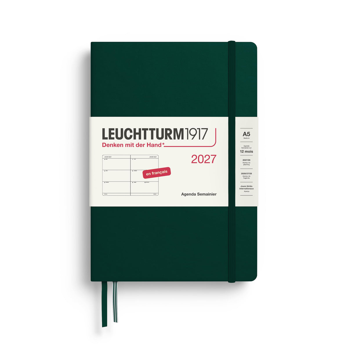 LEUCHTTURM1917 Calendar săptămânal 2027 mediu (A5) - franceză, verde pădure, cartonat, 12 luni - ianuarie-decembrie 2027, 1 săptămână pe pagină dublă cu compatibilitate ridicată cu cerneală - 400405