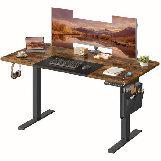 SONGMICS Electric height-adjustable desk, 140 x 60 cm, infinitely adjustable, memory function with 4 heights, vintage brown-ink black LSD016X01