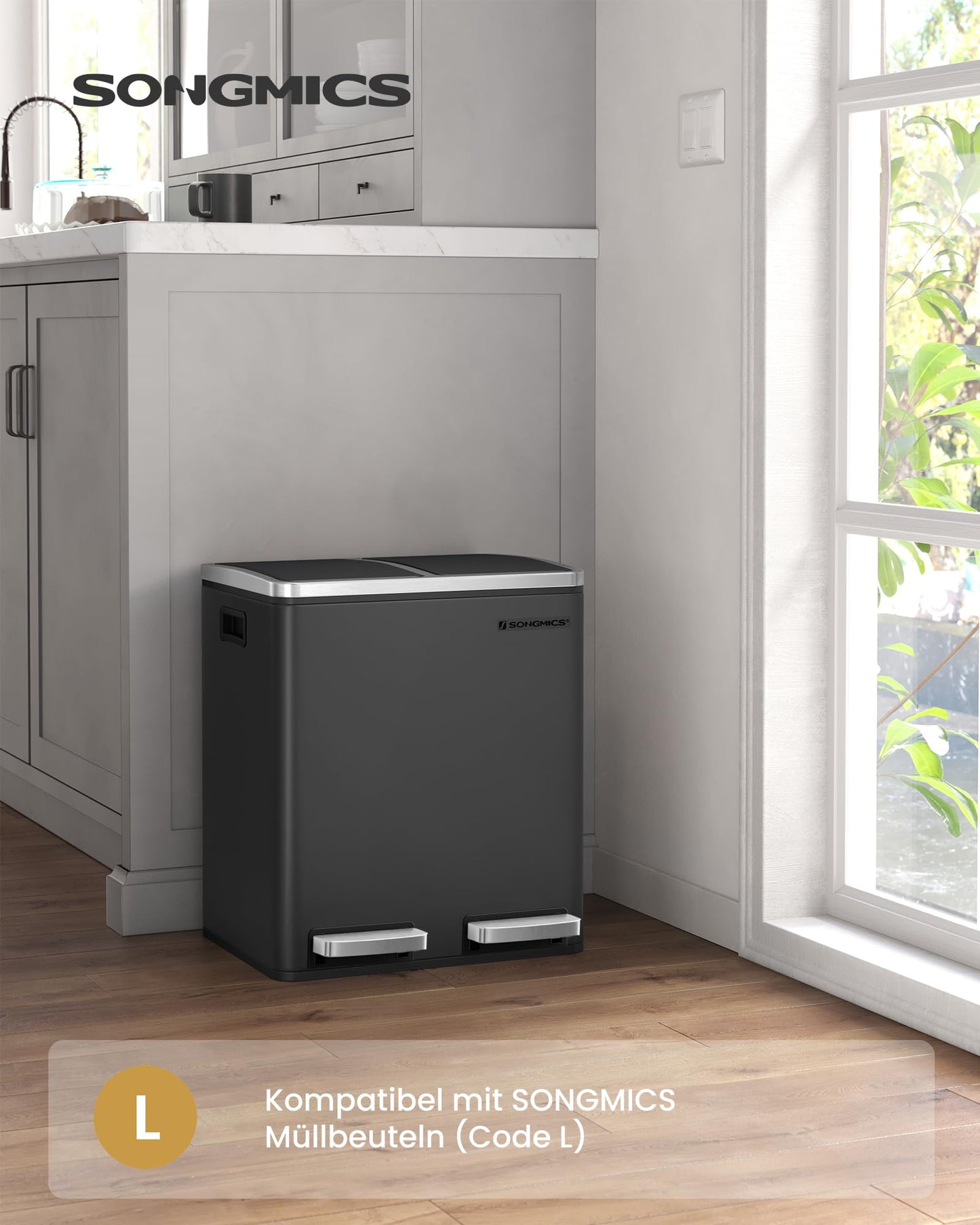 SONGMICS kitchen trash can, 2 x 15 liters, waste separation system 2 compartments, including 15 trash bags, trash can, pedal bin, recyclable waste, organic waste, soft close lid, ink black LTB30BK