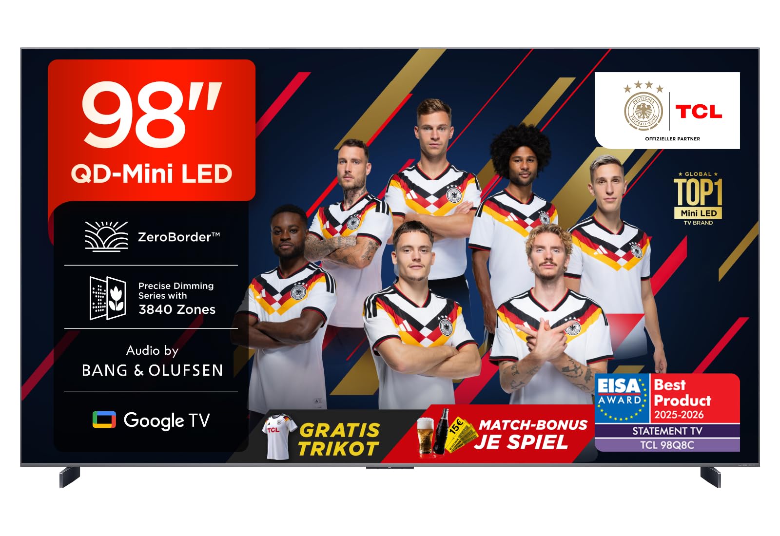 TCL 98Q8C 98 inch QD-Mini LED TV, 4K HDR Premium 5000, ZeroBorder™, Smart Google TV CrystGlow WHVA panel, Bang & Olufsen audio, 144Hz Motion Clarity Pro, Dolby Vision IQ & Atmos