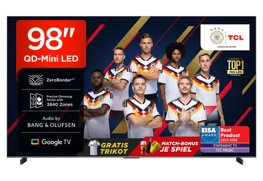TCL 98Q8C 98 inch QD-Mini LED TV, 4K HDR Premium 5000, ZeroBorder™, Smart Google TV CrystGlow WHVA panel, Bang & Olufsen audio, 144Hz Motion Clarity Pro, Dolby Vision IQ & Atmos
