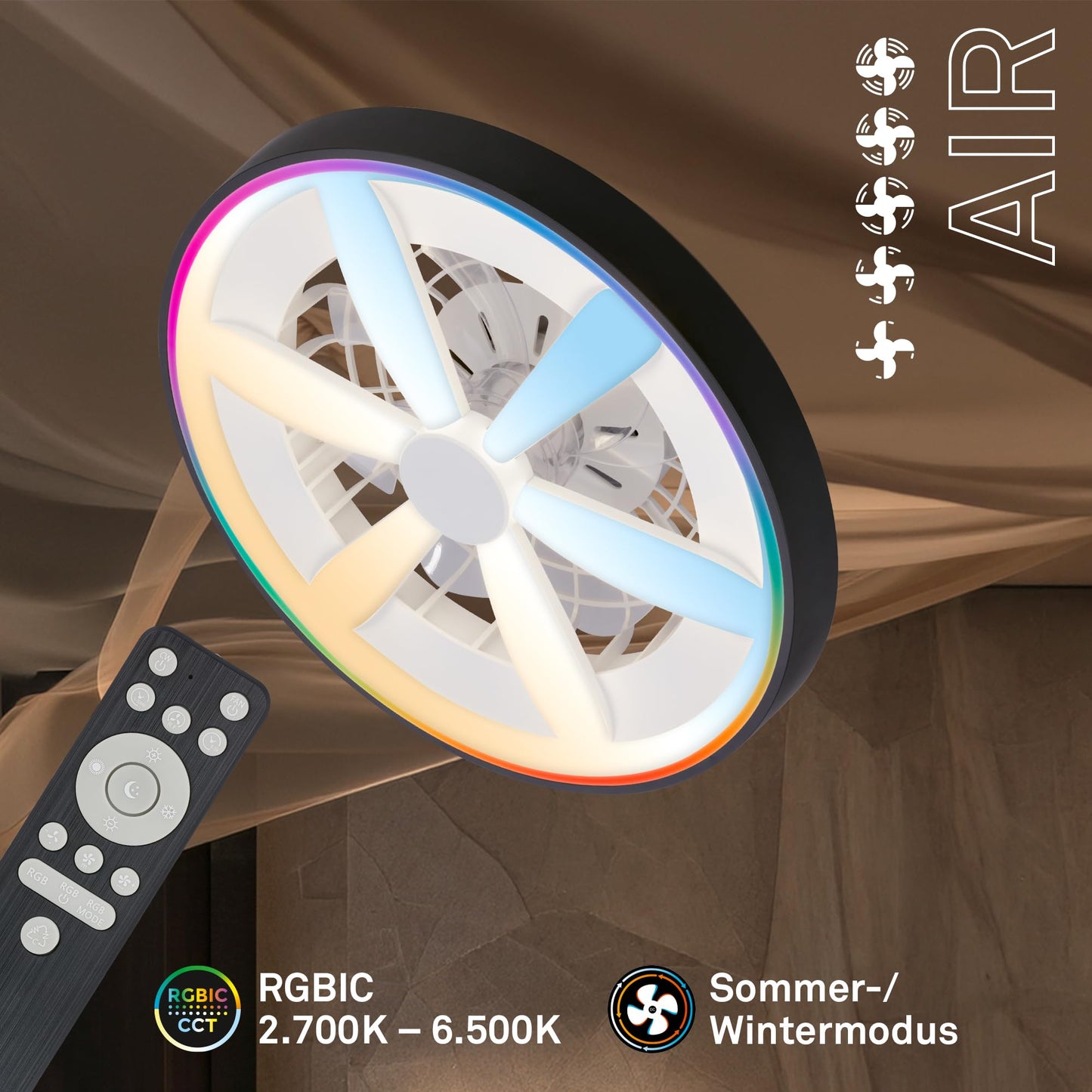 BRILONER - LED ceiling fan with lighting, remote control, DC motor, 5 speeds, RGBIC, CCT, dimmable, lamp with fan, LED ceiling light, ceiling lamp fan, 48 cm, black - 3988015