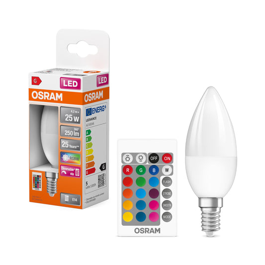 Osram STAR+ RGBW LED Lamp with E14 socket, RGB colors changeable via remote control, 4.5W, candle shape, replacement for 25W incandescent bulb, matte, LED retrofit RGBW lamps with remote control, 4-pack - 4058075430785