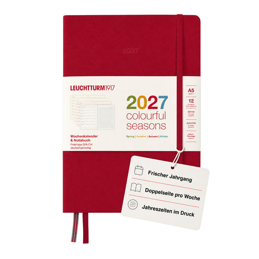 LEUCHTTURM1917 Weekly Calendar & Notebook Dotted Medium (A5) 2027, Colorful Seasons Red, English, Hardcover, Calendar Overview 2026/2027/2028, Planning Overview 01.27-12.28, Project Planner, Folding Pocket - 400370