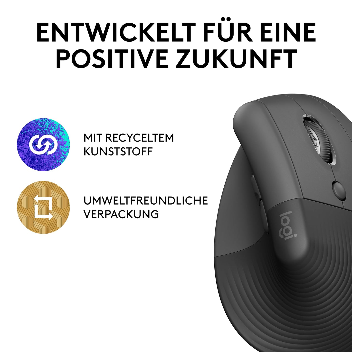 Logitech Lift Vertical Ergonomic Mouse, Wireless, Bluetooth or Logi Bolt USB Receiver, Quiet Clicks, 4 Buttons, Compatible with Windows/macOS/iPadOS, Laptop, PC - Gray - 910-006473
