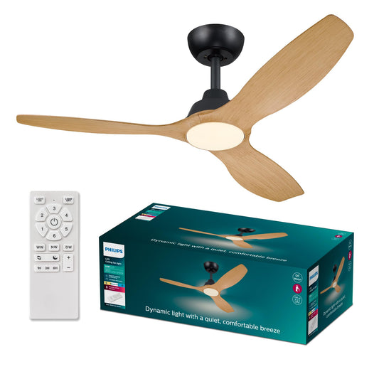PHILIPS Olas ceiling fan, 3 blades, 132 cm diameter, DC motor, color temperature range (3000K-4300K-6500K), dimmable, including remote control, black/wood - 929004641301