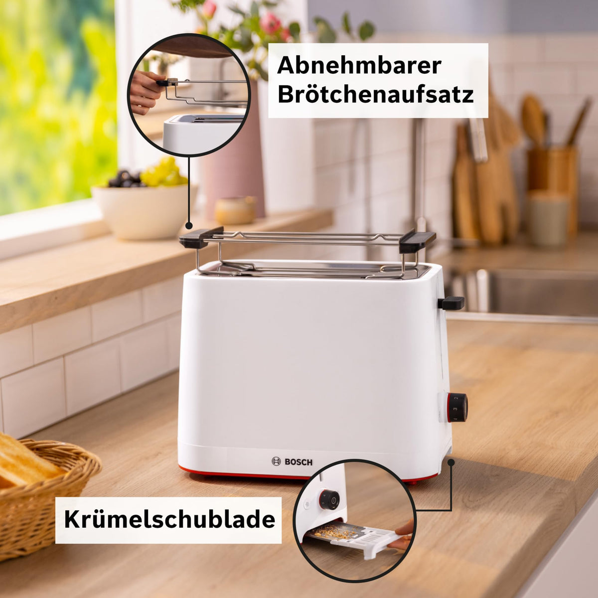 Bosch Compact Toaster MyMoment TAT3M121, removable foldable bun warmer, with defrost function, automatic shut-off, lift function, bread centering, ideal for 2 slices, 800 Watts, Matte White