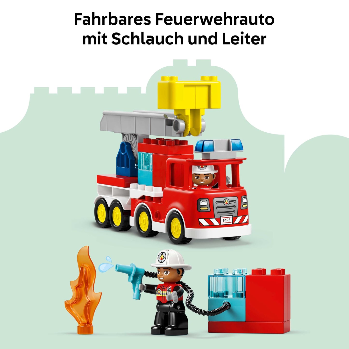 LEGO DUPLO Town fire engine with hose and firefighter - learning toy for motor skills - red fire engine with ladder, figure and squirrel - gift for boys and girls aged 2 and over - 10473