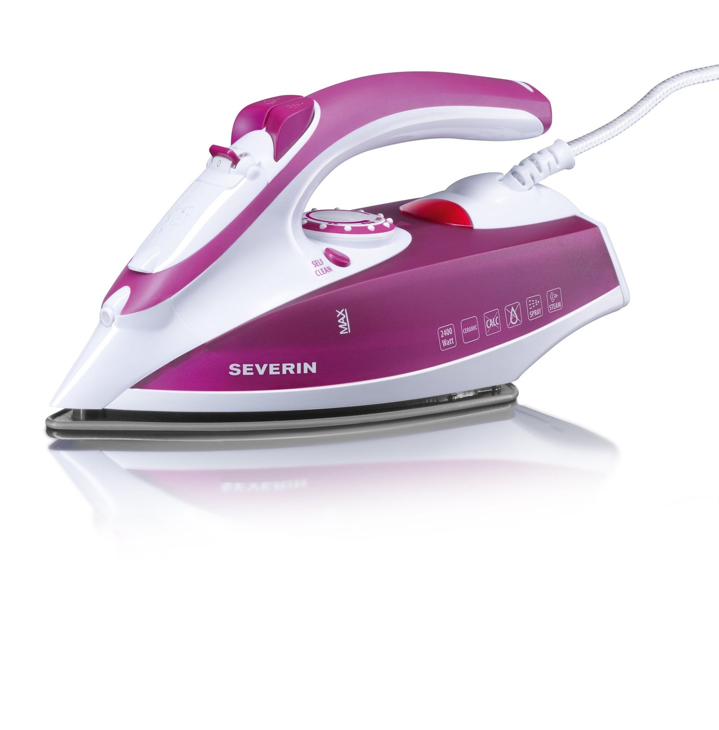 SEVERIN steam iron with ceramic-coated soleplate and non-stick effect, 2400W, 70g/min steam boost, 30g/min variable steam output, ideal for steam and dry ironing, white/purple, BA 3243 - S73243