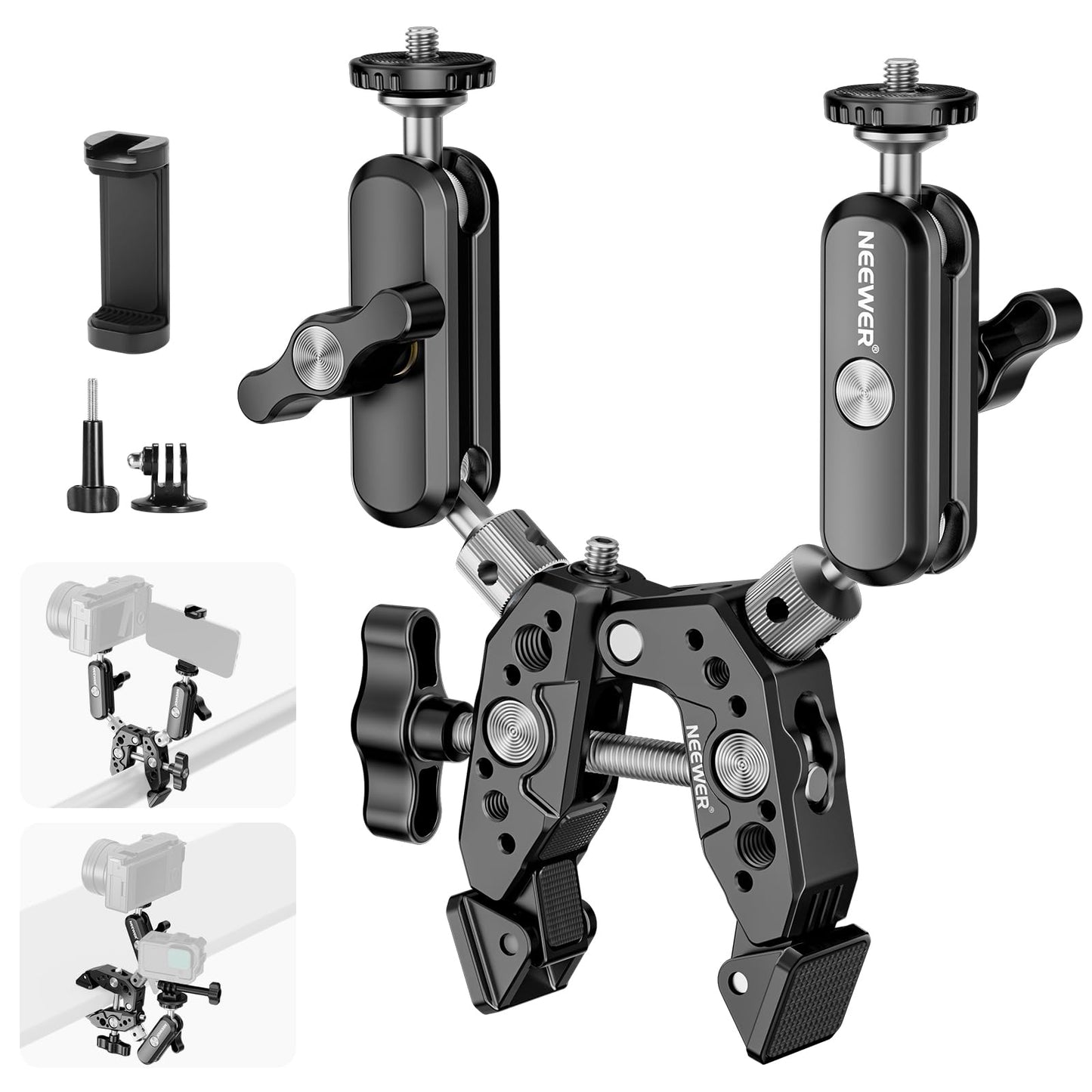 NEEWER Heavy Duty Super Clamp with Two 360° Double Ball Head Magic Arms 1/4" 3/8" Screw Thread Mobile Phone/Action Camera Mount Adapter Compatible with GoPro DJI Insta360 DSLR - 10106893