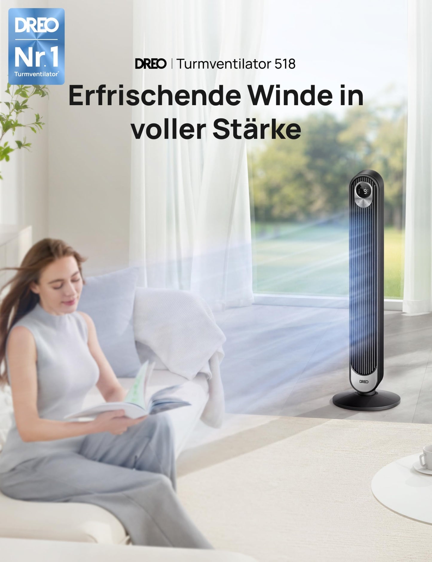 DREO DC Motor Tower Fan Quiet, 11M Wind Distance Fan with Cooling Remote Control, 9 Levels 4 Modes, 90° Oscillating Stand Fans for Bedroom, Tower Fan with 12H Timer - DR-HTF001