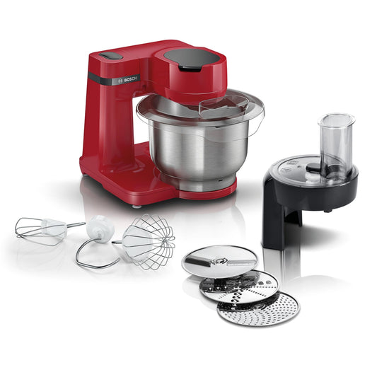 Bosch Kitchen Machine Series 2, compact kitchen machine, stainless steel bowl 3.8 L, kneading hook, stainless steel whisk and mixing beater, continuous slicer, 3 discs, 700 W, red, MUMS2ER01