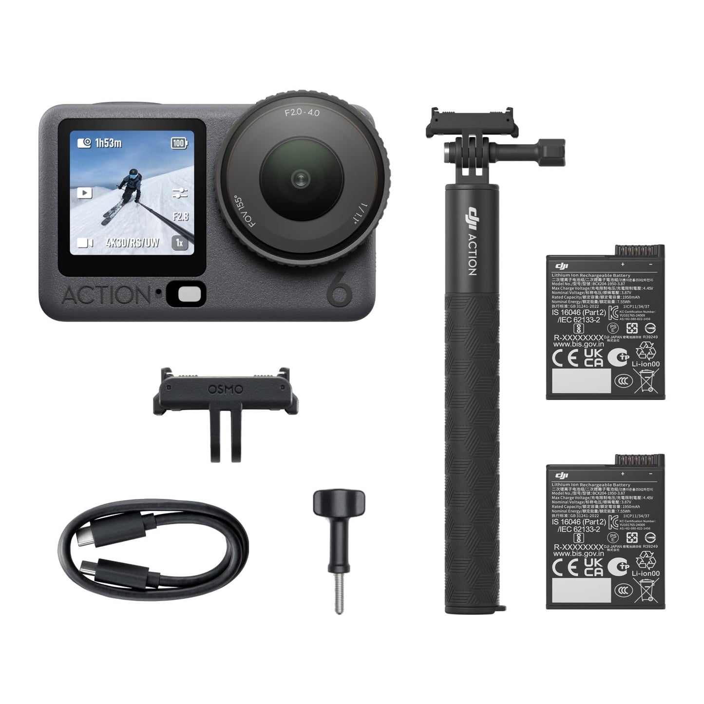 DJI Osmo Action 6 Capture More Combo, action cam with 1/1.1-inch square sensor, variable aperture from f/2.0-f/4.0, extension rod (1.5 m), 8K action cam - ideal for versatile shooting scenarios - 6937224146723