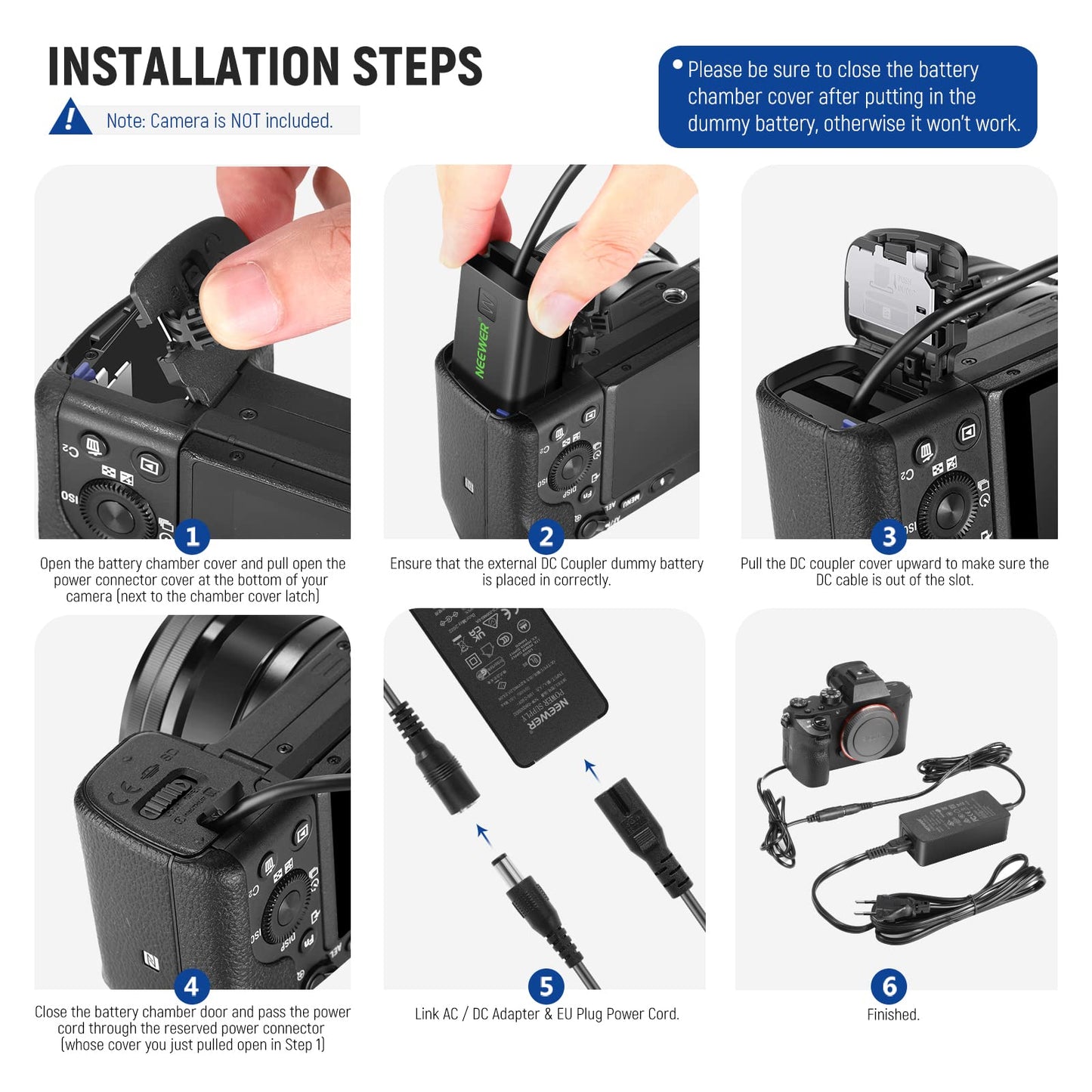 NEEWER AC PW20 AC power supply & DC coupler dummy battery charger set replaces the NP FW50 battery, compatible with Sony A7/7R/7S A7II/7RII/7SII A6500/6400/6300/6100 NEX3/5/6/7 DSC RX10 IIIIIIV - 10101335