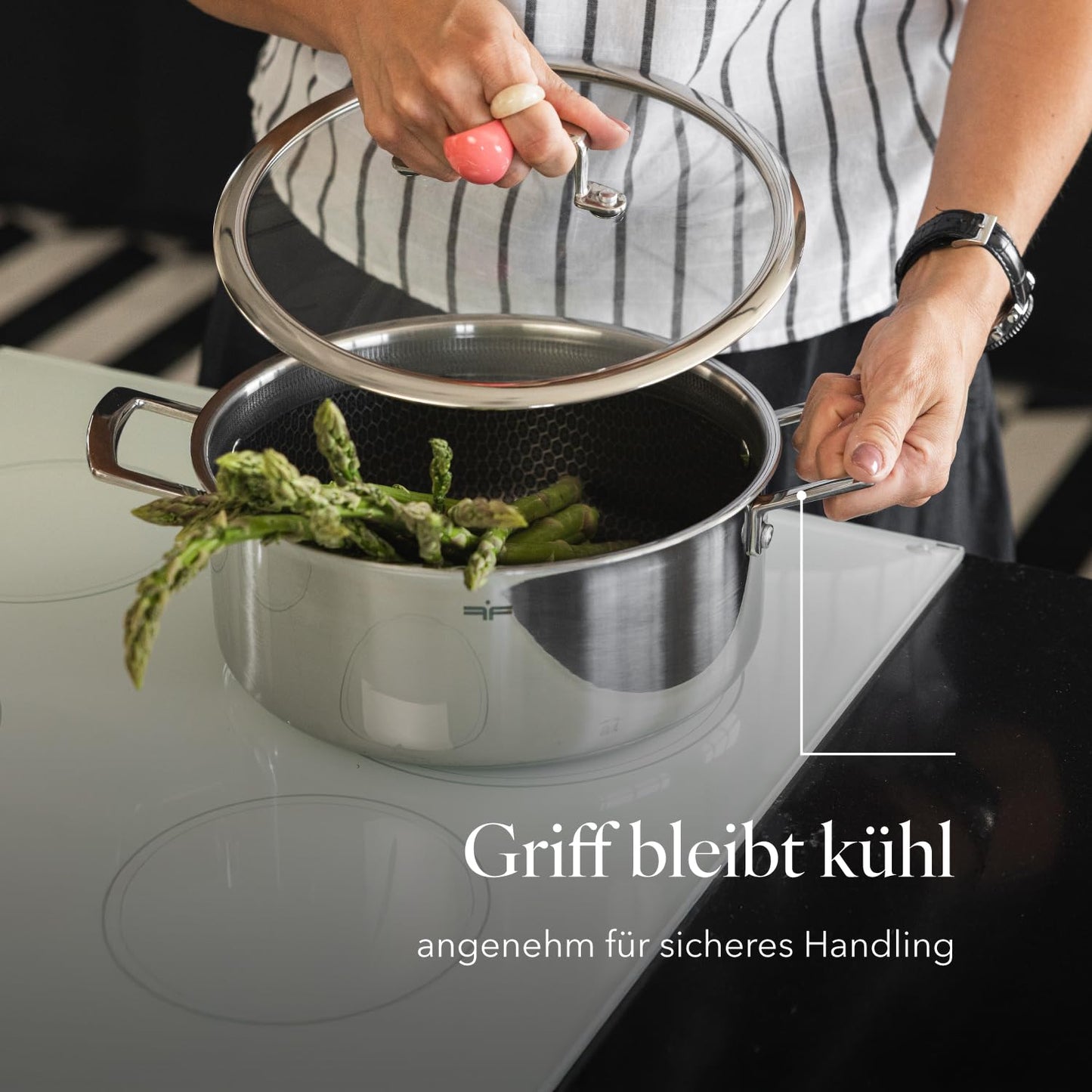 FLORINA ARISTO stainless steel pot with glass lid 7.2l 28 cm diameter | For induction, gas, electric, ceramic stoves | With honeycomb effect | You can bake it in the oven | Heat-resistant lid - 5G0058