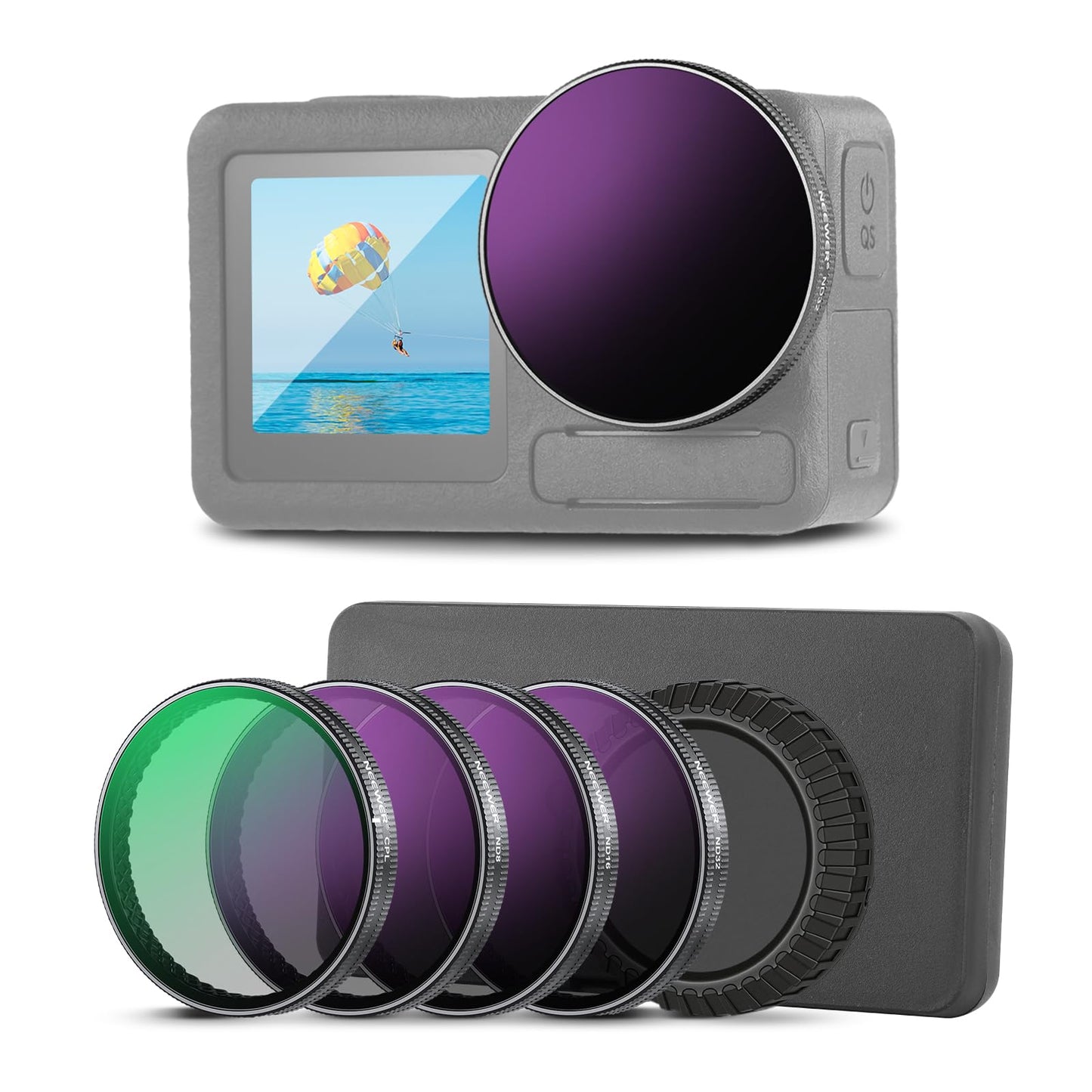 NEEWER ND filter set compatible with DJI Osmo Action 5 Pro/4/3 (pack of 4), ND8/16/32 CPL circular polarization filter, polarizing filter, gray filter, snap-on action cam accessory with lens cap, FLA01 - 10107951
