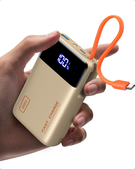 INIU 45W Power Bank, Ultra Small 20000mAh Power Bank with Integrated USB C Cable, Fast Charging External Mobile Phone Batteries, Suitable for Flight, Travel Essential for Emergencies, Power Outages, iPhone 17 16, Beige - P51L