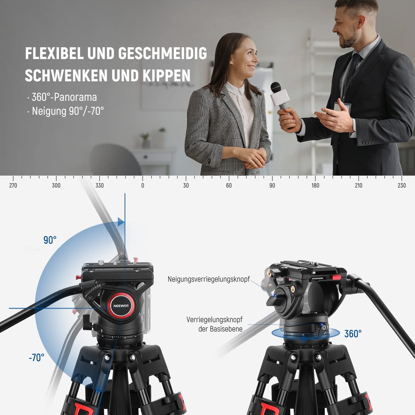 NEEWER 74" Video Tripod with Fluid Head & Damping Control, Aluminum Heavy Duty Camera Tripod Professional with QR Plate for DSLR Camcorder for Video Recording, Cleaning Cloth, Max Load 17.6 lbs, TP74