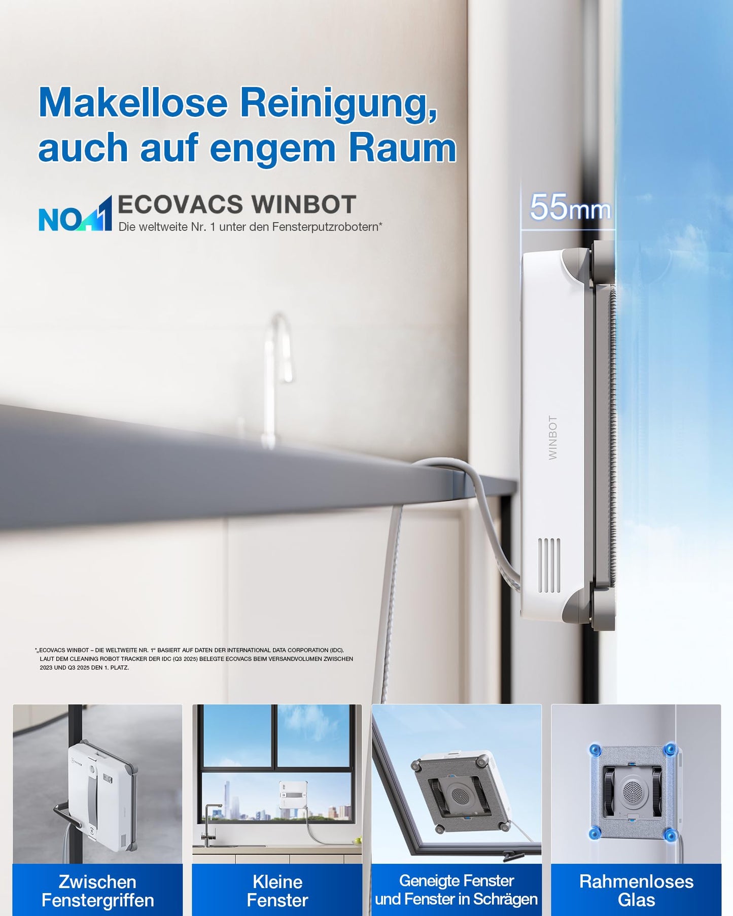 ECOVACS WINBOT Mini 2 window cleaning robot with corner brushes & ultrasonic atomization, ultra slim & light for narrow windows, smart navigation, 6 app modes, 10-level security system