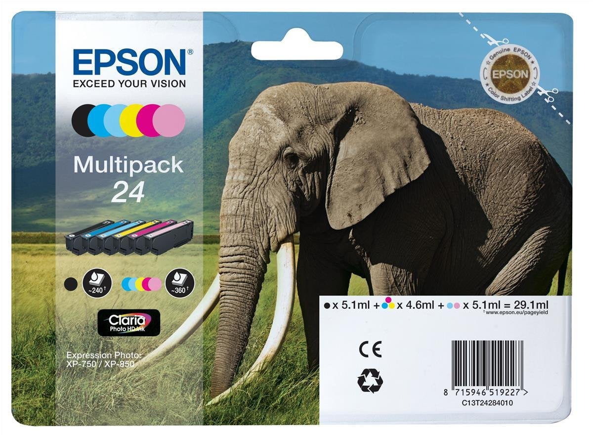 Epson Original T2428 Elephant, Claria Photo HD Ink (high-resolution photo prints, Multipack 6-color) (CYMK + Light cyan, Light magenta), Black, Cyan, Light Cyan, Magenta, Light Magenta, Yellow - C13T24284021