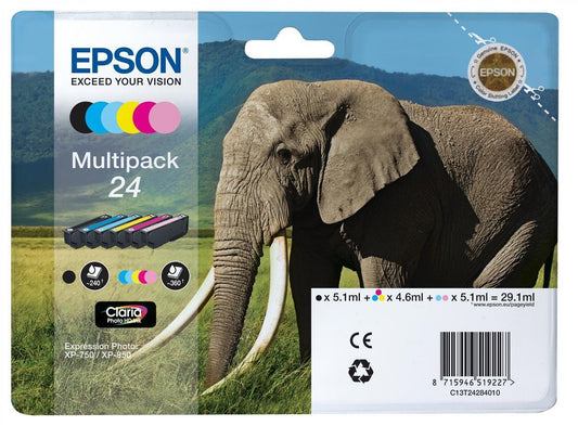 Epson Original T2428 Elephant, Claria Photo HD Ink (high-resolution photo prints, Multipack 6-color) (CYMK + Light cyan, Light magenta), Black, Cyan, Light Cyan, Magenta, Light Magenta, Yellow - C13T24284021