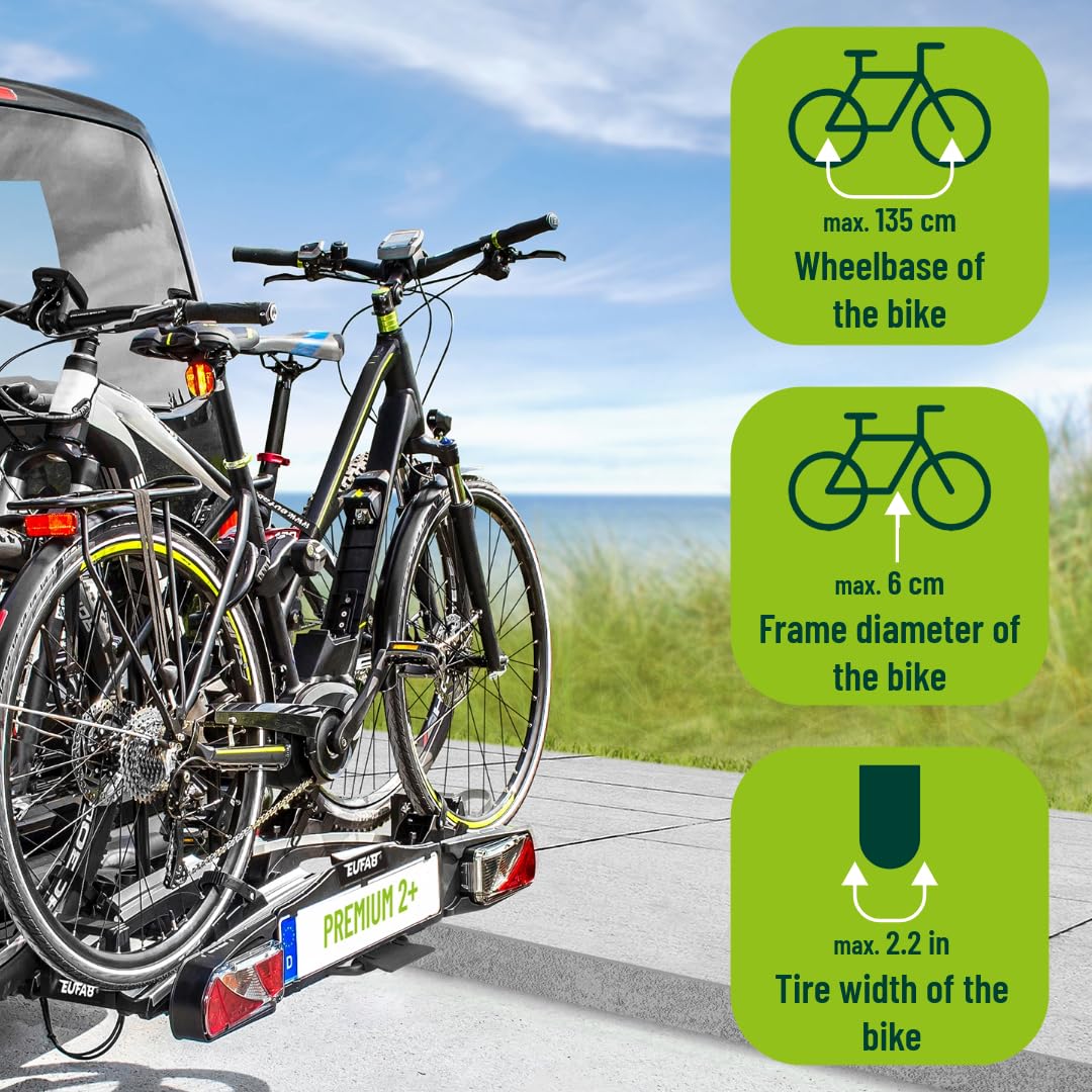 EUFAB 11523 bicycle carrier PREMIUM 2 Plus, suitable for e-bikes, for large tailgates, completely pre-assembled, anti-theft protection, 2 bicycles, trailer hitch, black/gray, (WxHxD) approx. 115x67x61 cm