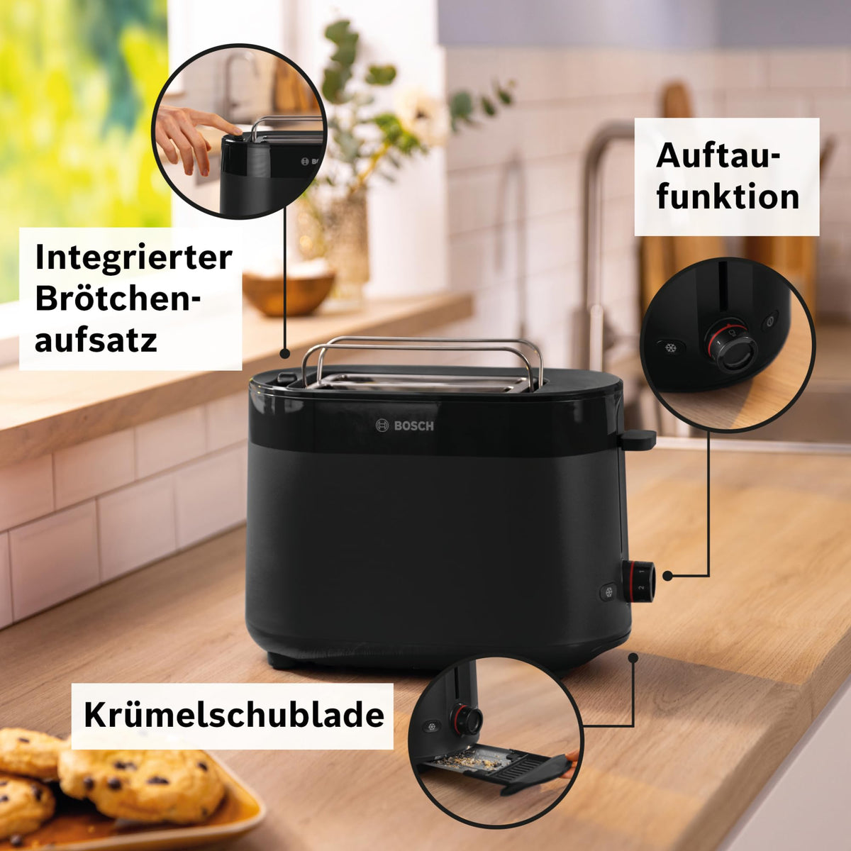 Bosch Compact Toaster MyMoment TAT2M123, integrated bun warmer, with defrost function, automatic shut-off, lift function, bread centering, perfect for 2 slices, 800 Watts, Matte Black