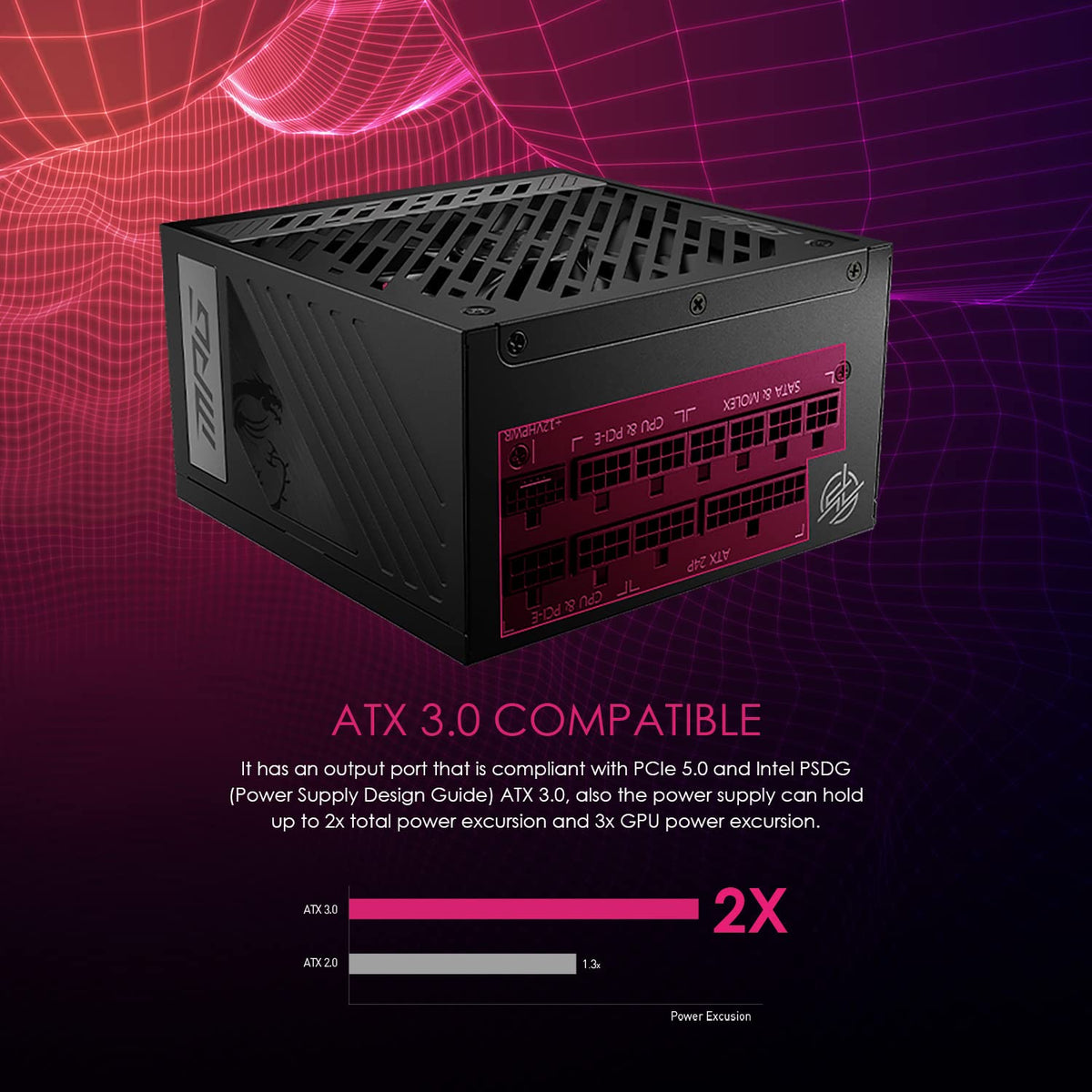 MSI MPG A850G PCIE5 Sursă de alimentare, conector EU - 850W, certificat 80 Plus Gold, complet modular ATX 3.0, suportă GPU PCIe 5.0, condensatori japonezi la 105°C, mod 0% RPM, cabluri plate