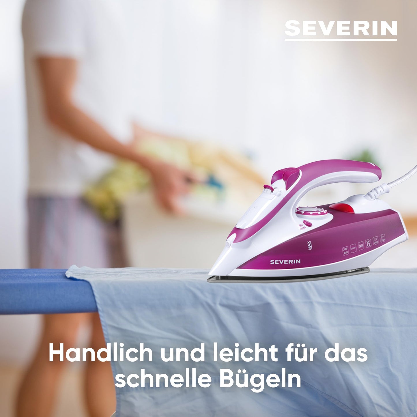 SEVERIN steam iron with ceramic-coated soleplate and non-stick effect, 2400W, 70g/min steam boost, 30g/min variable steam output, ideal for steam and dry ironing, white/purple, BA 3243 - S73243
