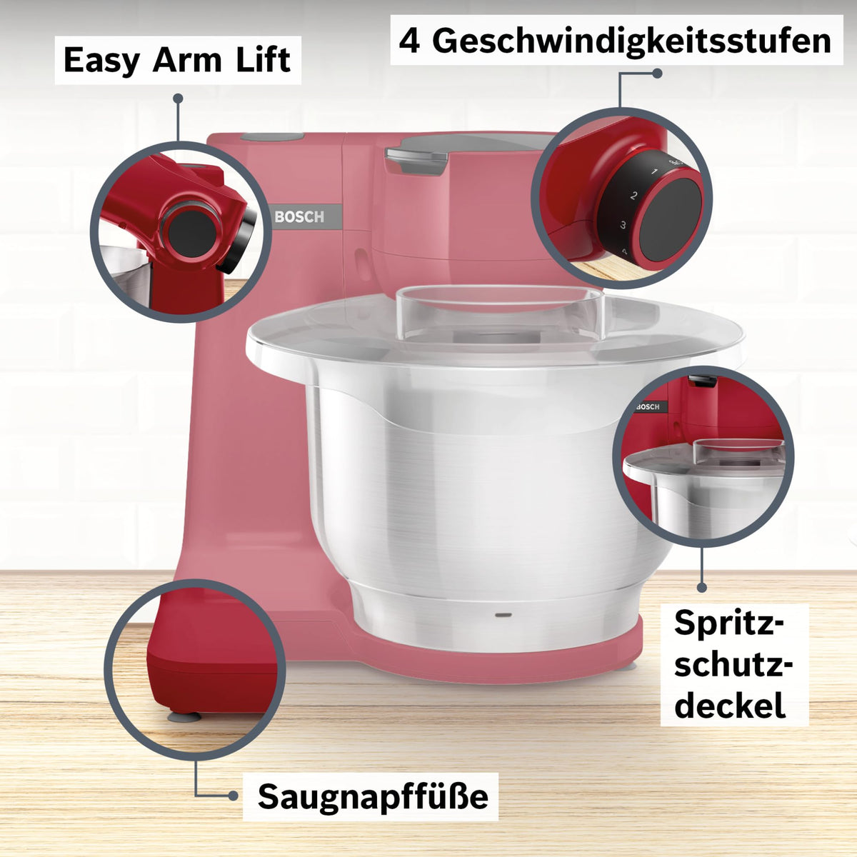 Bosch Kitchen Machine Series 2, compact kitchen machine, stainless steel bowl 3.8 L, kneading hook, stainless steel whisk and mixing beater, continuous slicer, 3 discs, 700 W, red, MUMS2ER01