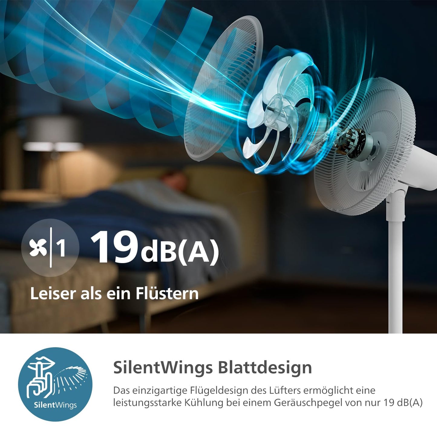 Philips fan series 2000. Strong & super quiet with SilentWings technology. 19dB. 2-in-1 table & pedestal fan. Tilt & oscillation adjustable. 12 hour timer. White (CX2550/00)