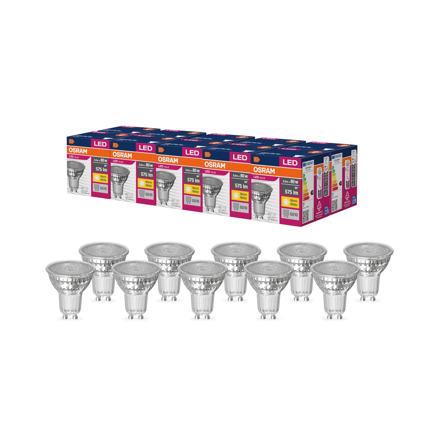 Osram LED Star Value PAR16 LED lamp for GU10 base, reflector lamp, GL, 575 lumens, warm white (3000K), replacement for conventional 80W light bulbs, not dimmable, pack of 10 - 4058075096776